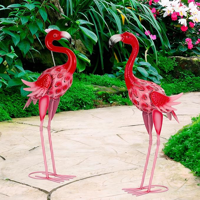 XONOR Metal Garden Flamingo Statues and Sculptures, Set of 2 Pink Outdoor Metal Flamingos Bird Art for Home Yard Patio Lawn Backyard Porch Decorations