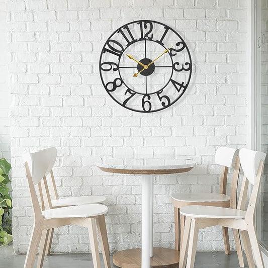 Large Outdoor Clock for Patio - Black Metal Art Arab Decorative Clock for Farmhouse, Kitchen, Porch, Pool Side, Deck, Modern Wall Clock Silent Battery Operated - 16 Inch