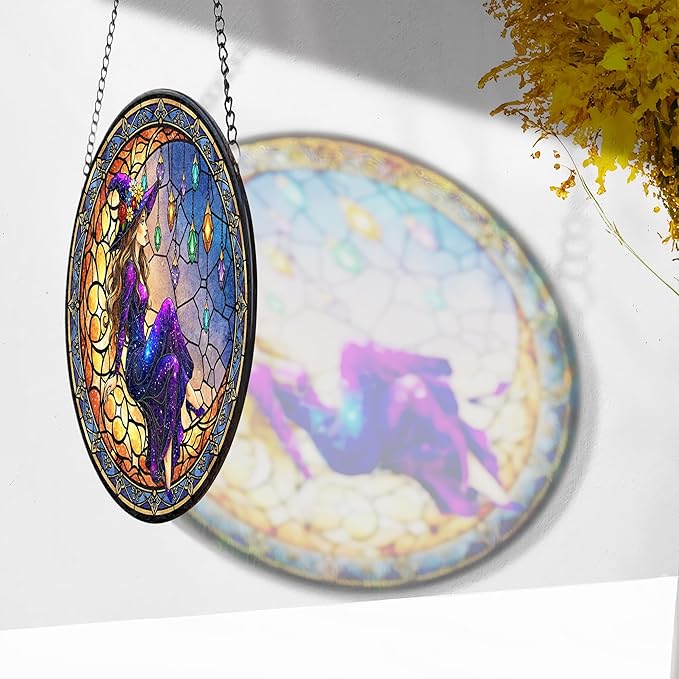 7.8" Moonlight Witch Suncatcher Stained Glass Window Hanging Mystical Witchy Sun Catchers Halloween Ornaments Wall Art Door Garden Room Home Decor Birthday for Teens Women