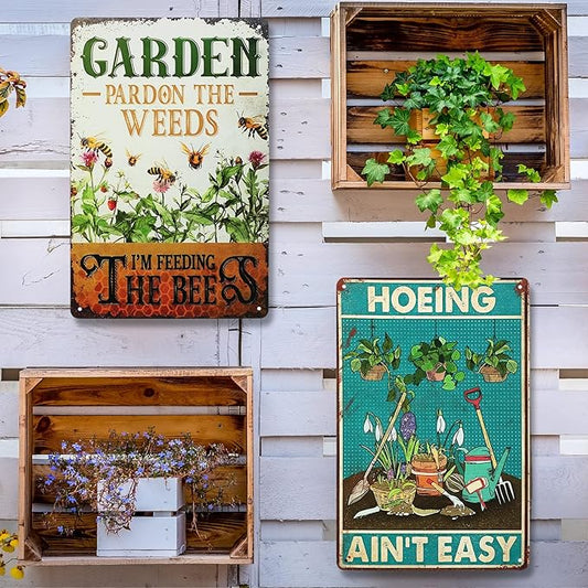 MorningRo 2 Pcs Funny Metal Tin Garden Sign 12'' x 8'' Gifts for Plant Lovers Women Grandma Mom Garden Decor Metal Tin Sign for Farmhouse Greenhouse Patio Yard Wall Decor Indoor Outdoor(Home, Bee)