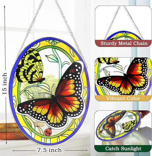 Monarch Butterfly Stained Glass Window Hanging, Butterfly Decorations Gift for Women, Valentine Stained Glass Suncatcher- Window Valentine Decor, Outdoor Hanging for Garden (10.5 inch)