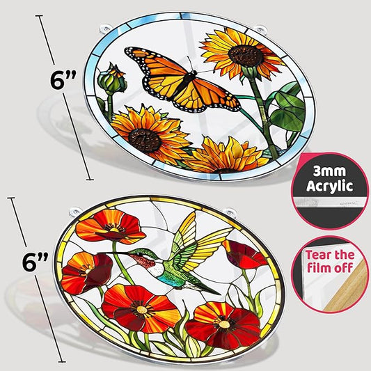 2 Hummingbird Butterfly Acrylic Suncatchers, 6" Suncatchers for Window Hanging Indoor, Art Decor for Home, Garden, Housewarming, Gift for Mom, Grandma, Women, Friend, Bird Lover SCB-A6-B2