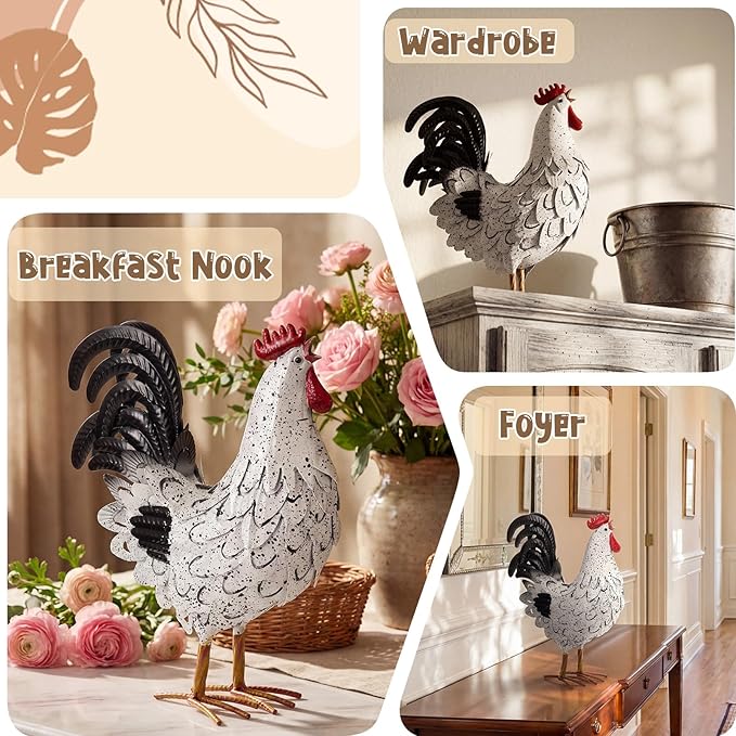 Zhengmy Metal Rooster Garden Statue Lifelike Colorful Metal Rooster Yard Decor Hand-Painted Iron Chicken Sculpture for Patio Lawn Backyard Farmhouse Outdoor Indoor Decoration(White and Black)