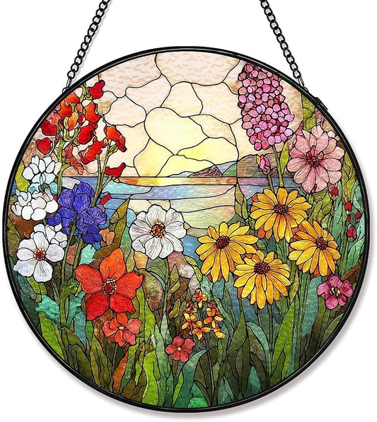 Stained Glass Sun Catcher Window Hanging - Wildflowers Green Plants Design, Indoor Decor Gifts for Mother's Day, Birthday, Christmas - Perfect for Women, Men, Mom Home Window Decor(Wildflowers) 7.8in