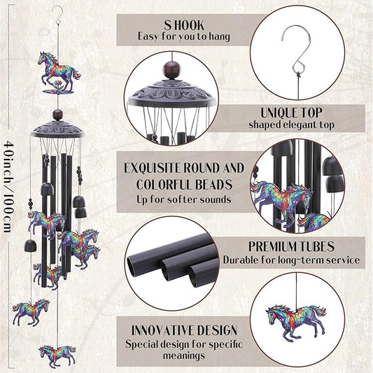 Horse Decor Wind Chimes - Metal Windchime Outdoors for Garden Backyard Patio Indoor Balcony Waterproof Hanging Decoration Birthday Gift for Animal Lover Women Men Mom Grandma Wife Friends
