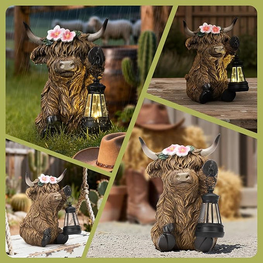 Solar Highland Cow Garden Outdoor Statue,Highland Cow Figurines Sculpture with LED,Farmhouse Decor,Patio Balcony Yard for Pasture & Farm Theme Housewarming Easter Day Gifts for Women Mom