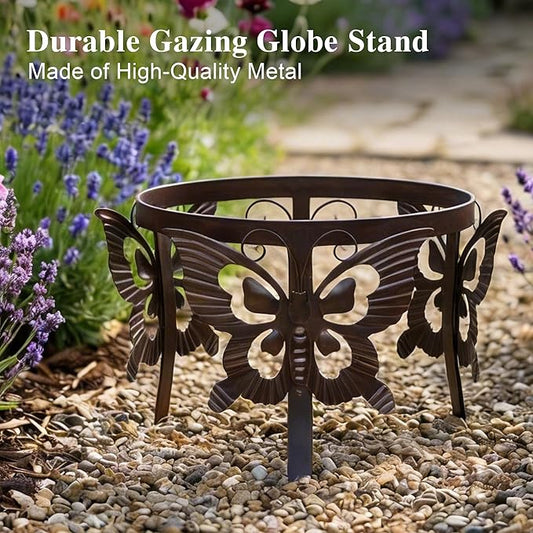 Wrought Iron Gazing Ball Stand for 10 or 12 Inch Gazing Balls – Low-Profile Garden Orb Holder, Outdoor Decorative Display for Yard, Patio, and Lawn Decor,Butterfly