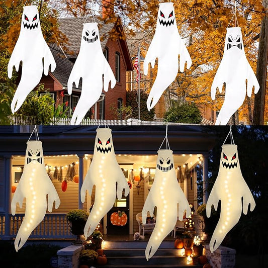 Geefuun 4PCS Warm Light Halloween Fierce Ghost Windsocks Hanging Decorations - 43 Inch Flag Wind Socks for Home Yard Outdoor Decor Party Supplies (Batteries Not Included,No Timer)