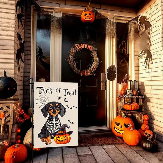 Halloween Garden Flags Trick or Treat Ghost Dog Yard Flag for Outside Decor Pumpkin Bat Spider Web Garden Flag Holiday Rottweiler Skeleton House Banner Outdoor Decoration for Home 12 x 18 Inch