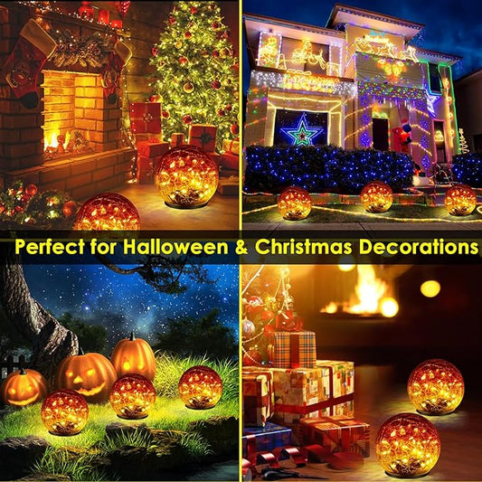 2 Pack 60 LED Garden Solar Outdoor Lights Decorative, Gradient red Cracked Glass Solar Globe Lights, Upgraded Waterproof Ball Lights for Yard Pathway Patio Lawn Christmas Outside Decor