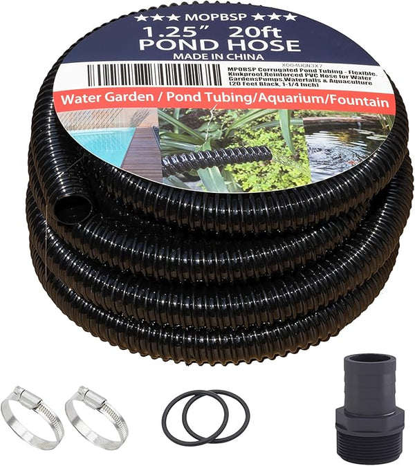 Corrugated Pond Tubing - Flexible, Kinkproof, Reinforced PVC Hose for Water Gardens, Pumps, Waterfalls & Aquaculture (20 Feet Black, 1-1/4 Inch)
