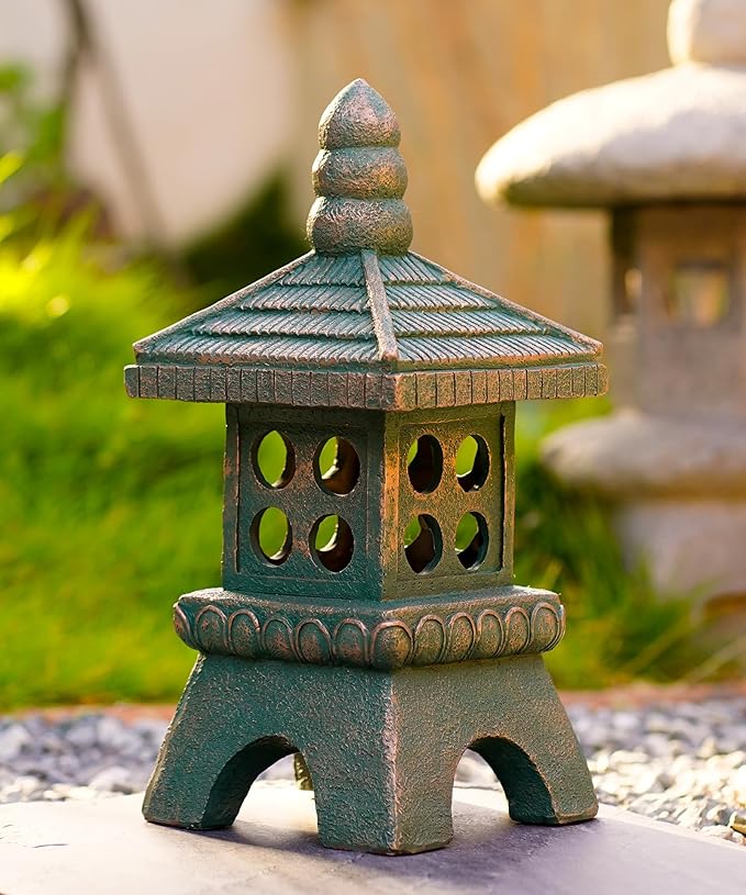 Nacome Solar Pagoda Garden Statues:15.7 inches Outdoor Waterproof Resin Zen Decor for Landscape Balcony Patio Porch Yard Ornament(Bronze)
