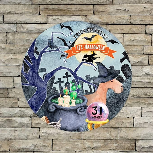 Retro Metal Sign 12"x12",Happy Halloween Scary Night Grave Witch Bats Trick Or Treat Dog Aluminum Tin Metal Sign for Home Living Room Bedroom Garden Farm Patio Decor Wall Art Poster