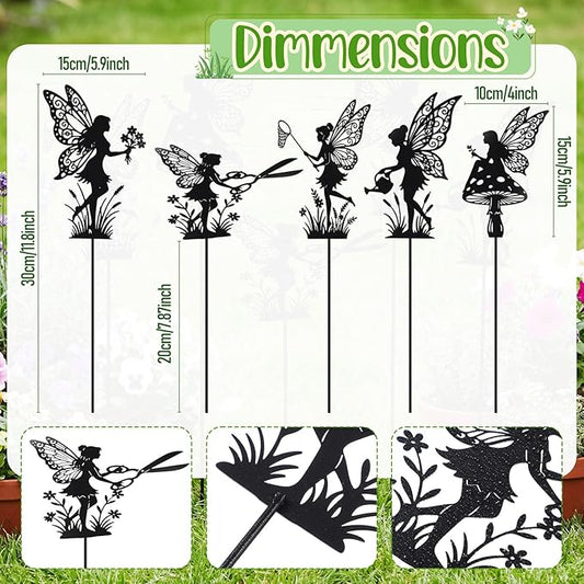 Novabright 5 Pcs Decorative Garden Stakes Metal Fairy Silhouette Set Stakes Outdoor Yard Art Decor Fairy Garden Sign for Lawn Flower Bed Planter Pot Landscaping (Black)