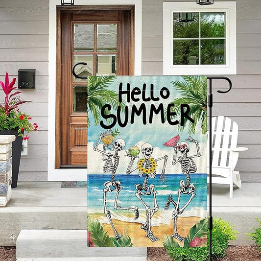 DLZDN Hello Summer Skeleton Garden Flag Funny Skull Garden Flag 12×18 Inch Double Sided Vertical Burlap Summer Coastal Seasonal Hawaii Tropical Ocean Yard Flag Outdoor Decoration