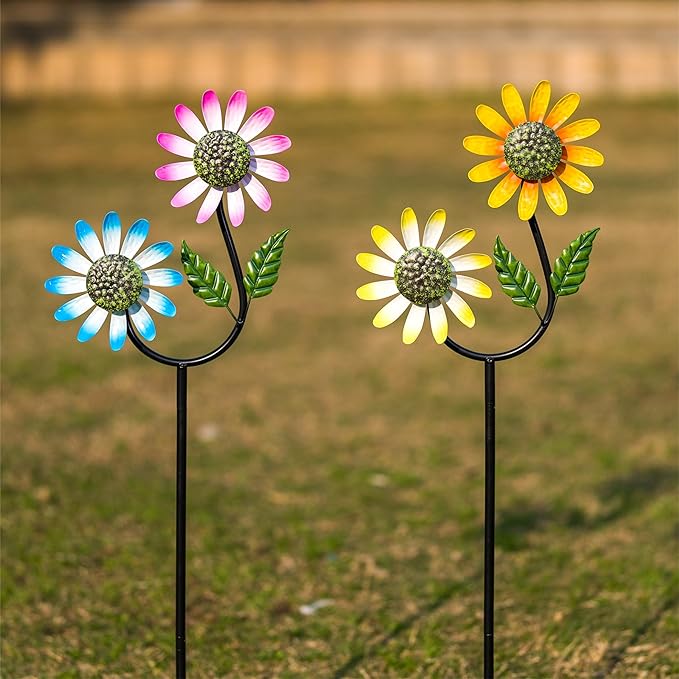 2 Pack Flower Wind Spinners Outdoor, Metal Wind Sculptures & Spinners with Stake, Colorful Windmill for Yard Patio Lawn Garden Decor, 31 x 10 Inches