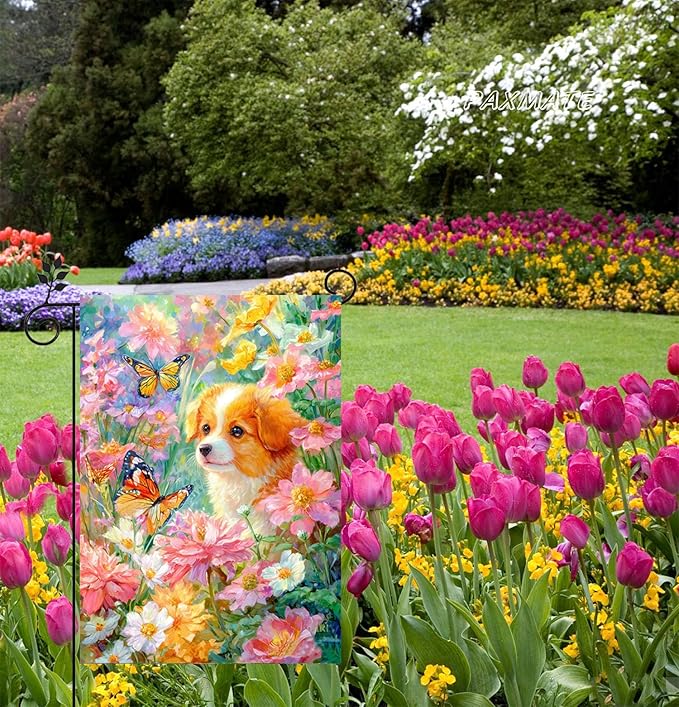 Spring Summer Welcome Garden Flag 12x18 Inch Double Sided Dog Floral Butterfly Burlap Small Yard Flag Seasonal Farmhouse Outside Outdoor Decoration