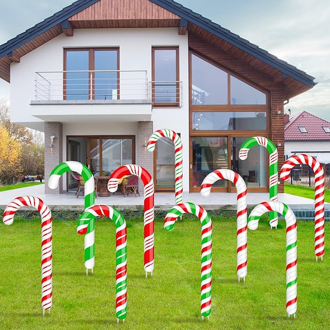 Glenmal 12 Pcs Christmas Candy Cane Yard Decor Outdoor Lawn Garden Yard Sign Red Green White Candy Cane Decoration Christmas Decoration with Stakes for Xmas Holiday Decor