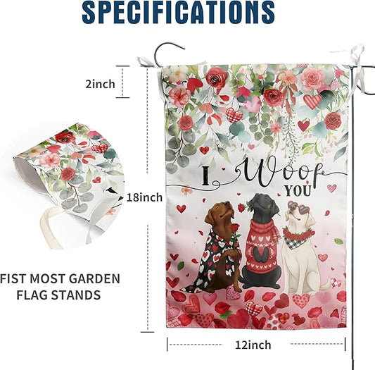 Dog Valentine Garden Flag Valentines Day Decor Black Lab Gifts for Women White Chocolate Labrador Yard Signs for Outside 12x18 Double Sided I Woof You Love Heart Banner