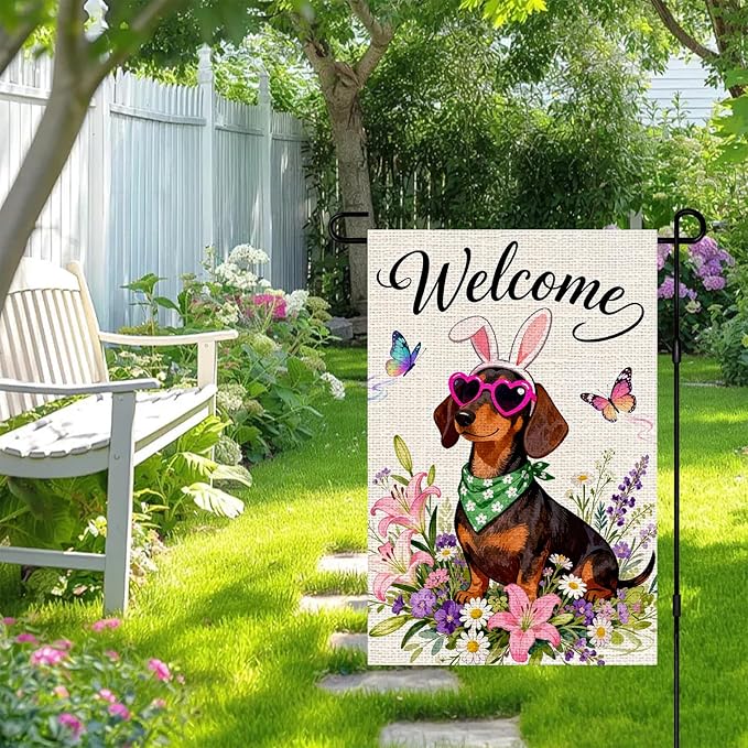 IVN Spring Dachshund Garden Flag 12x18 Welcome Dog Bunny Ears Heart Sunglasses Floral Wildflowers Spring Butterflies Watercolor Double Sided Burlap Yard House Flag Seasonal Outdoor Decoration for Outside Home Front Door Lawn Porch Patio Welcome Summer ...