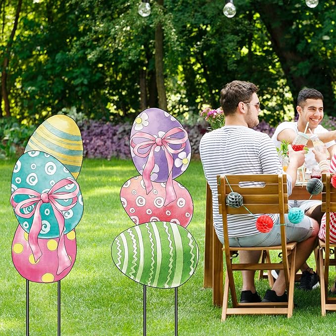 AnyDesign Easter Garden Stakes Welcome Metal Yard Sign Easter Decorations Outdoor Stacked Egg with Bow Decorative Lawn Sign for Spring Farmhouse Home Outside Lawn Porch Walkway Decor, 2 Sets