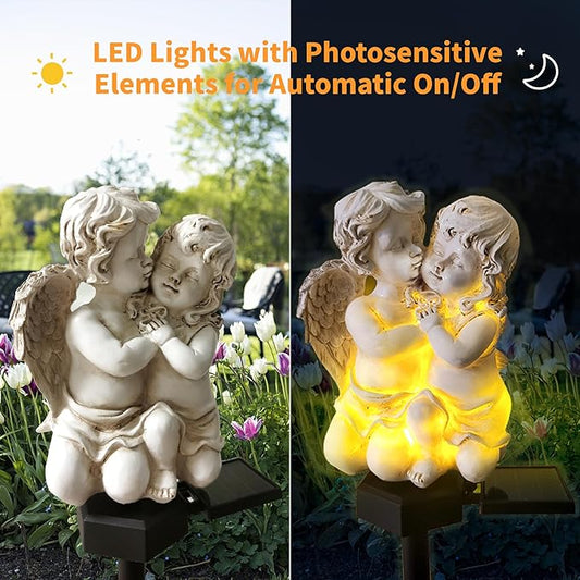 QH & Garden Angel Solar Garden Light - LED Waterproof Resin Light for Garden, Balcony, Yard, Lawn, Pathway, Walkway - Solar Powered Outdoor Decor, Memorial Gifts
