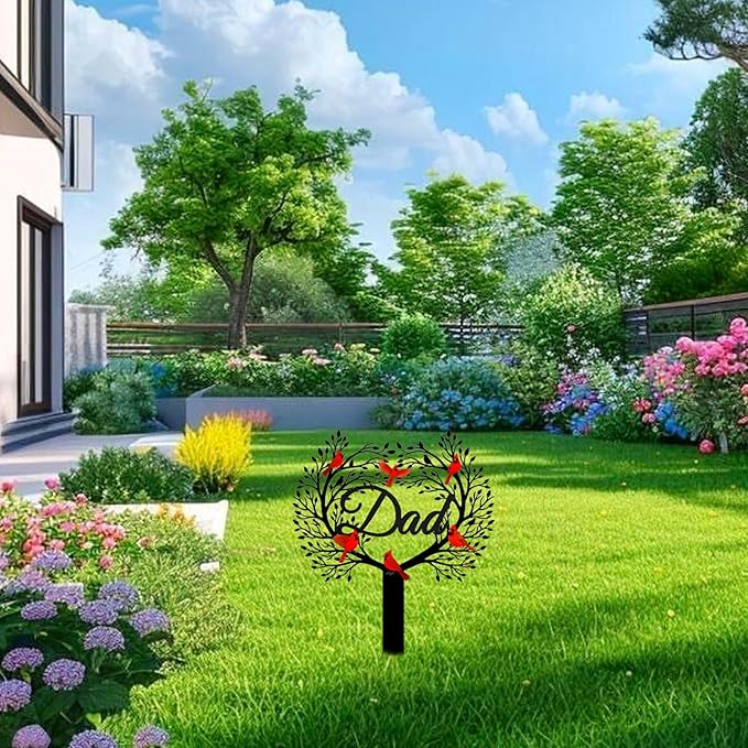 Memorial Grave Stake for Dad with Tree of Life and Cardinals - Metal Sympathy Grave Marker, Rust-Resistant Cemetery Garden Decoration(DAD)