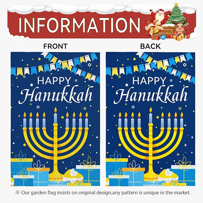 Happy Hanukkah Garden Flags 12 x 18 Inch Double Sided Jewish Holiday Menorah Star Candles Yard Flag for December Hanukkah Outdoor Decorations for Outside garden yard