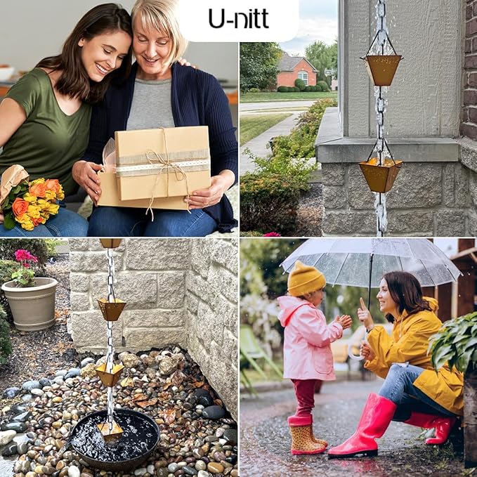 U-nitt Rain Chain Water Collection for Gutters Rainwater Catcher & Diverter, 8.5 FT Chains for Outside Garden, Golden Square Cups, Roof Downspout, Works with Heavy Rain, w/Gutter Clip for Rainchains