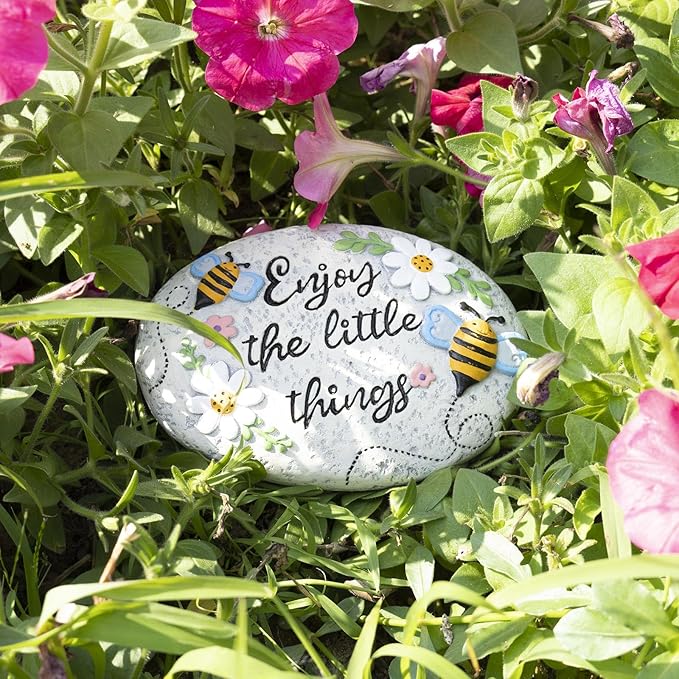 Spring Decorative Garden Stones Outdoor, 6x4.1In Enjoy The Little Things Bee Stone with White Flower, Concrete Stepping Stones for Walkway Pathway Yard Outside