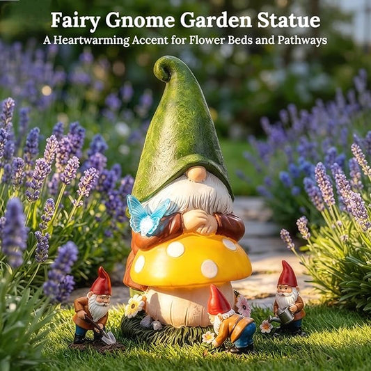 MXwcy Solar Garden Gnomes Statues, 9.06" Resin Gnomes Mushroom Butterfly Garden Decor, Solar Lights Outdoor Waterproof LED Gnomes Decorations for Yard Patio Lawn, Gnome Gifts for Women Mom Grandma