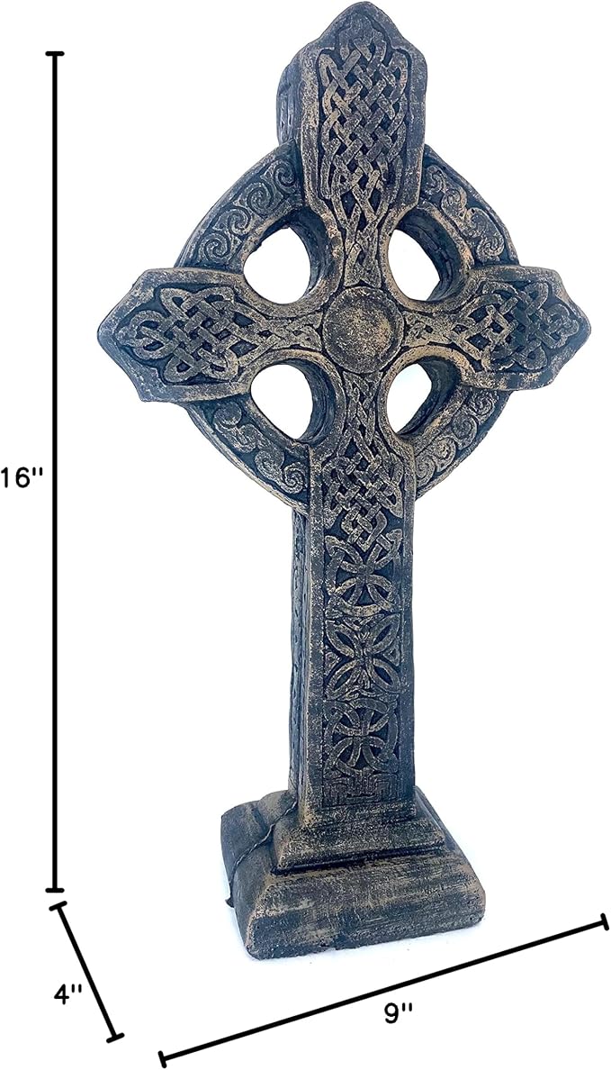 Cross on Base Decorative Stone Statue 16in Tall Autumn Brown Color