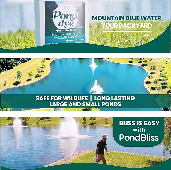 Mountain Blue Pond Dye for Large Ponds up to 1 Acre, Fish and Animal Safe - 1 Gallon (128oz)
