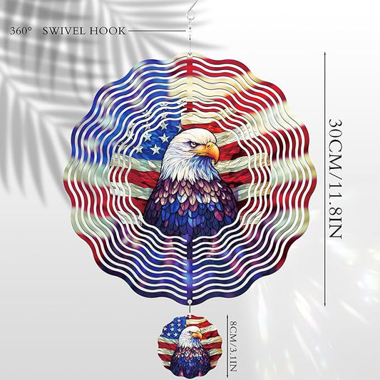 American Eagle Wind Spinner - 3D Stainless Steel Wind Spinners Outdoor Flag Pattern Kinetic Art Spinning Decor 12 Inch 250 Anniversary Hanging Ornaments for Patio Lawn Garden Yard Balcony