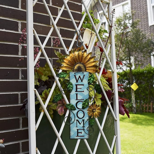 Metal Welcome Sign Hanging Flower Signs Wreath Decor - Rustic Decorative Door Hanger Indoor Outdoor Spring Decoration for Front Door Porch Wall (Yellow)