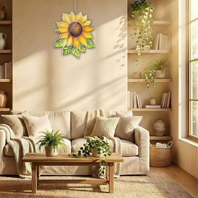 Sunflower Acrylic Suncatcher, Boho Suncatchers for Window Hanging Ornament, Stained Glass Effect Art Garden Decor for Flower Lover, Gifts for Mother's Day, Mom, Grandma, Wife, Women, Nana