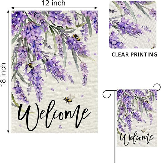 Welcome Spring Lavender Decorative Garden Flag, Purple Floral Flowers Bee Yard Outside Decorations, Summer Farmhouse Outdoor Small Home Decor Double Sided 12 x 18