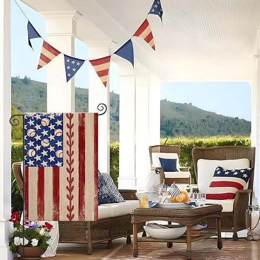 4th of July Garden Flag 12x18 Inch Double Sided, Retro American Flag with Baseball Yard Decoration,Small Seasonal Outdoor Decor for Summer Memorial Day/250th Years America Anniversary Holiday Outside