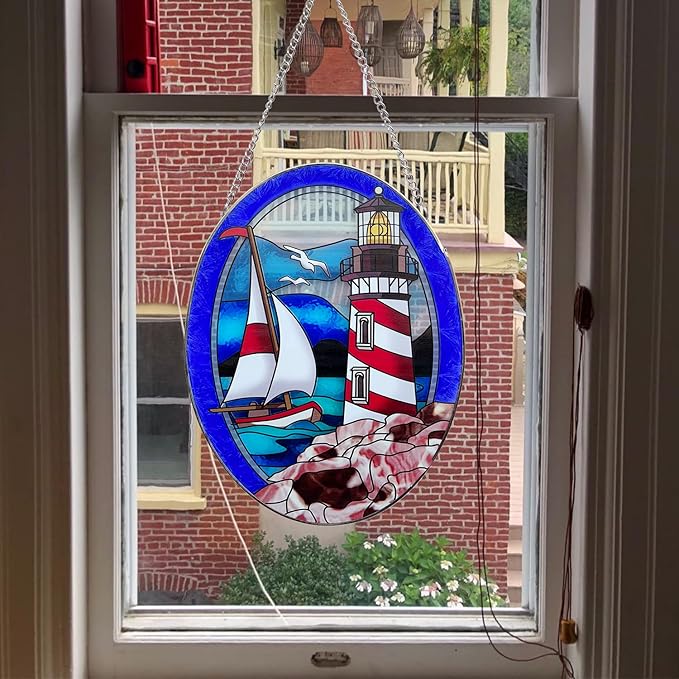Pigeon Point Lighthouse Stained Glass Window Hanging, Suncatcher Home Decor with Chains, Suncatcher for Windows, Colorful Glass Ornament, Indoor Outdoor Home Decor Garden Decoration