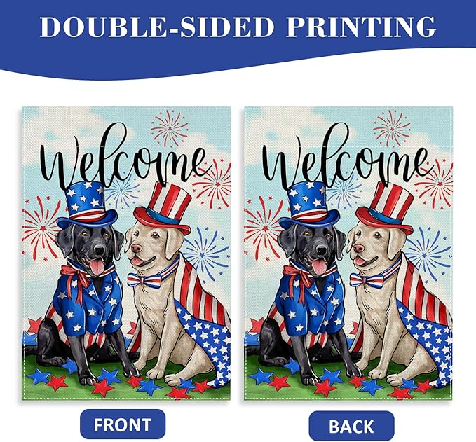 Welcome 4th of July Dog Patriotic Decorative Garden Flag, America USA Black Labrador Puppy Stars Stripes Yard Outside Decorations, American Summer Outdoor Small Home Decor Double Sided 12 x 18