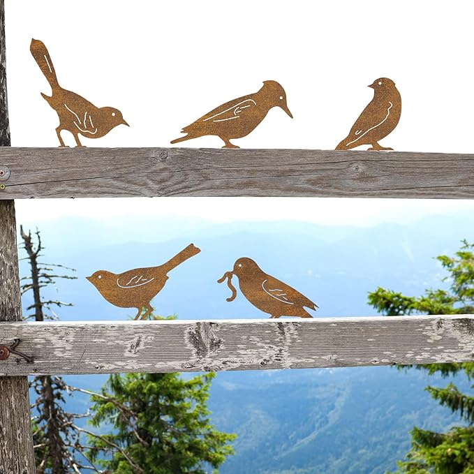 Rusty Metal Bird Silhouette Garden Decor - 5 Pack Metal Bird Art Fence Topper Decorations,Rustic Bird Sculptures for Outdoor Yard, Patio, Fence, Tree, Garden Gifts for Mom, Grandma, Bird Lovers