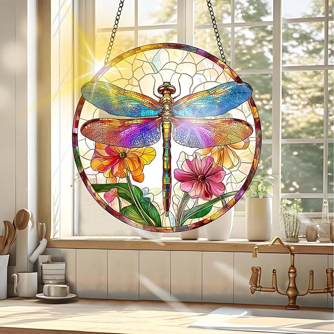 VAIIEYO Dragonfly Sun Catcher Stained Glass Window Hanging Ornament, Handmade Sun Catcher Animal Decoration with Hooks for Window Garden Home, Mother's Day & Birthday Housewarming Gift (7.8 inch)