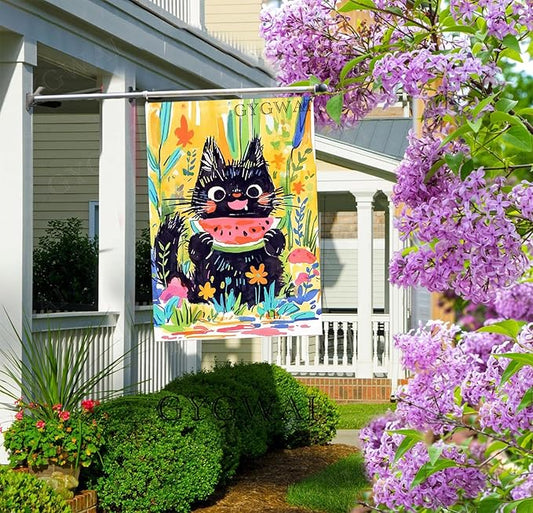 Summer Cat House Flag 28 x 40 Inch Double Sided, Cute Black Cat Eating Watermelon with Floral Flowers Large Burlap Yard Garden Flag Seasonal Outside Outdoor Decorations