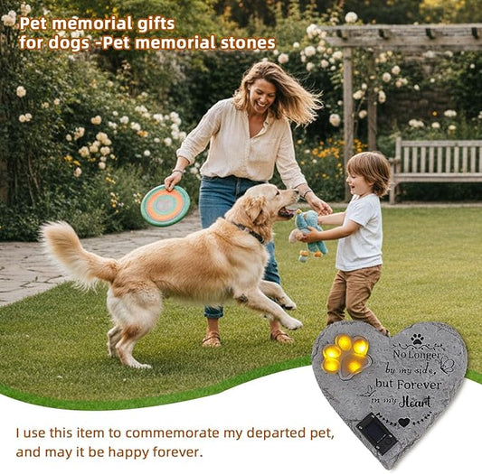 Pet Memorial Stone Solar Lighted Glowing Paw Print Heart Statue with Forever in My Heart Engraved, Pet Headstones for Dogs Cats Waterproof Resin Loss of Dog Sympathy Gift, 10 Inch