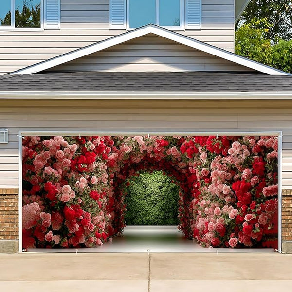 16x7ft Flower Tunnel Arch Garage Door Banner - Colorful Blossom Pathway Backdrop, Large Hanging 2 cars Garage Decorations - for Spring Garden Party & Wedding Valentines Welcome Background Sign, Outdoor Decor