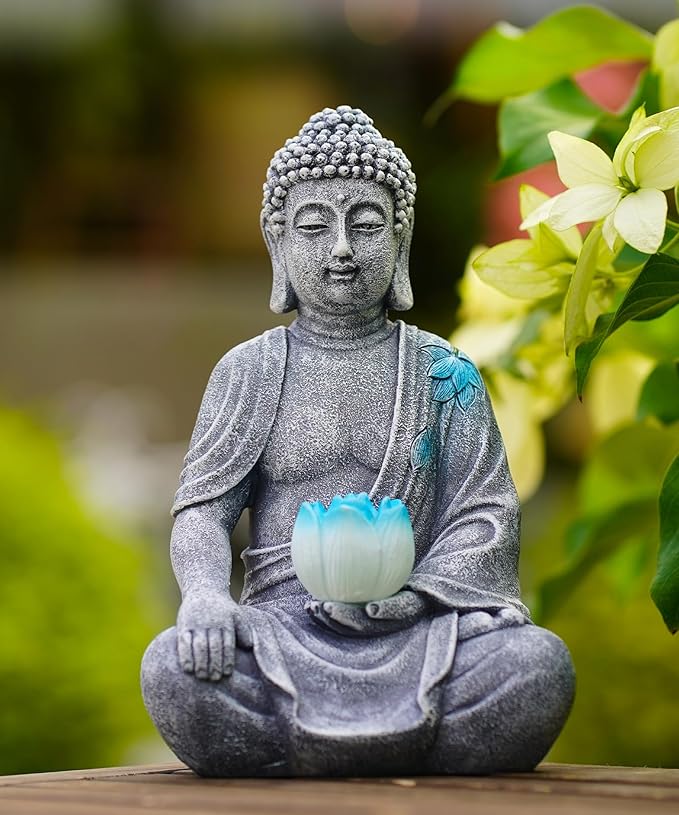 Nacome Solar Buddha Garden Statue Decor: Resin Zen Decor Waterproof Sitting Figurine with Lotus Flower Light Design for Outside Patio Lawn Yard Balcony - 8.3 inches(Grey)