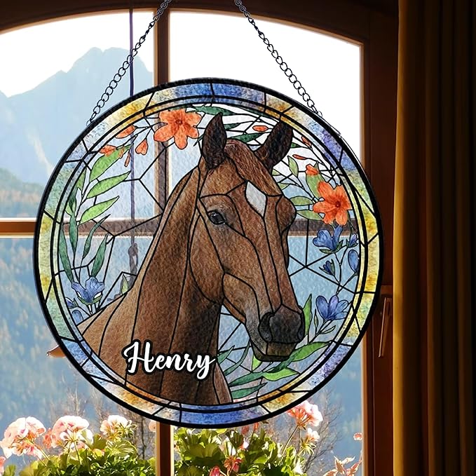 NAZENTI Personalized Horse Stained Glass Suncatcher with Photo, Custom Name Horse Ornament Window Hanging, Home Decor Gifts for Pet Day, Christmas, Memori, Sympathy Gift for Loss of Horse
