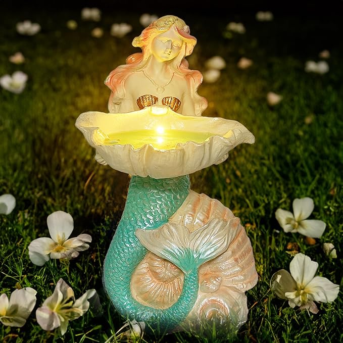 Teaeeno Solar Mermaids Birdbath Garden Decor: Outdoor Statues Ornaments for Outside Decorations Yard Art Lawn Porch Patio Balcony - Birthday Gifts for Mom Grandma Women Lover