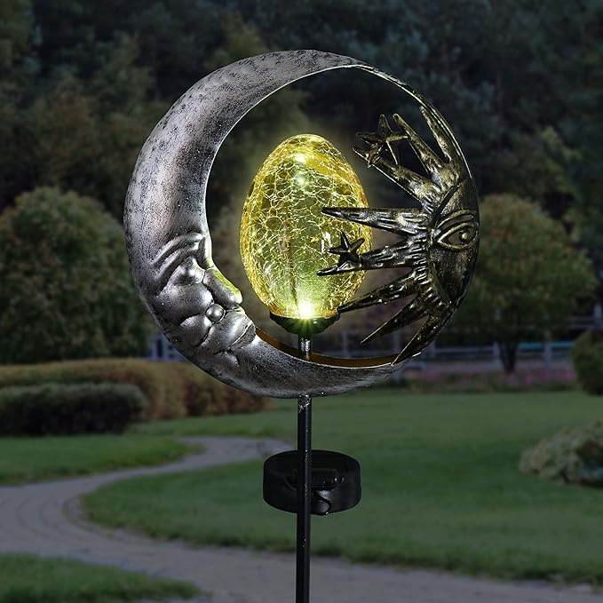 Exhart Garden Stake, Sun and Moon Solar Garden Sculpture, LED Amber Crackle Glass Orb, Silver Metal Outdoor Lawn Decor and Yard Art, 8.5 x 3 x 38 Inch