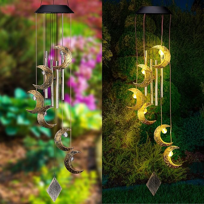 Colingmill Solar Wind Chimes for Outside Waterproof Hanging Wind Chimes Lights Outdoor Decor Yard Garden Gifts for Mother Mom Grandma Wife Neighbors(Moon,Warm Colored Lights)